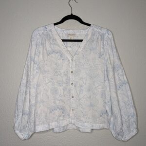 Laura Ashley White Blue Coastal Oversized Floral Puff Sleeve Button Up Top XS